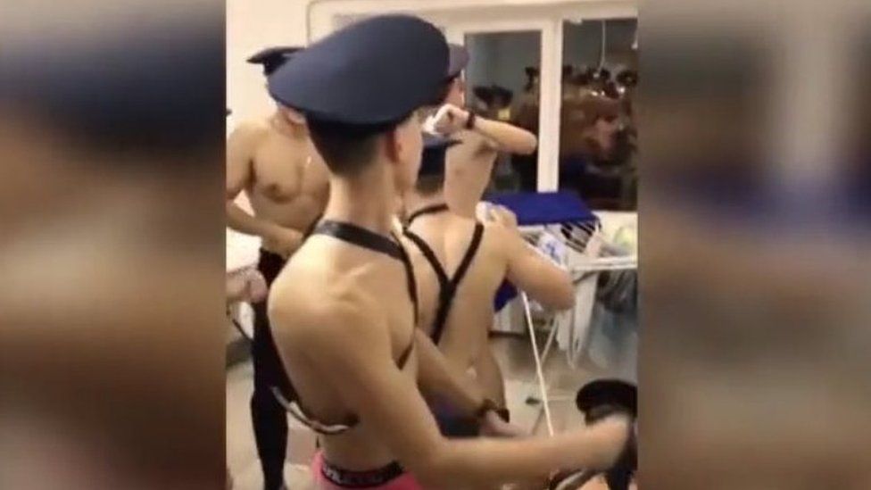 Screen grab from video showing air cadets in Russia dancing in their underwear