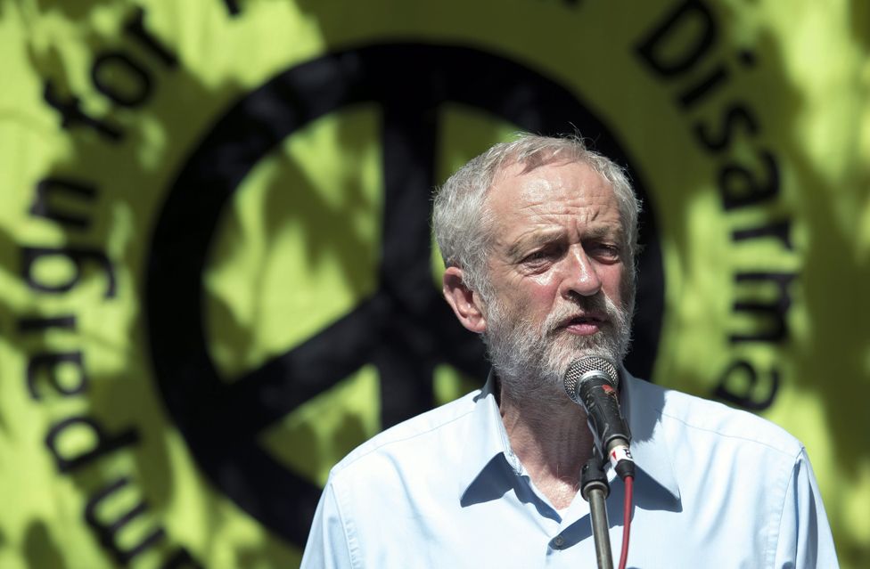 Jeremy Corbyn in front of a CND banner