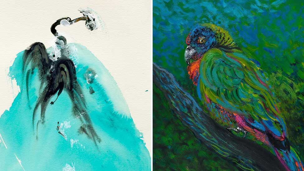 Cormorant and St Lucia parrot by Maggi Hambling