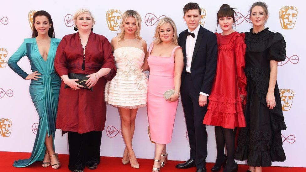 The cast of Derry Girls (L-R) Jamie-Lee O'Donnell, Siobhan McSweeney, Saoirse-Monica Jackson, Nicola Coughlan, Dylan Llewellyn, Kathy Kiera Clarke and Louisa Harland attend the Virgin Media British Academy Television Awards at The Royal Festival Hall on May 12, 2019