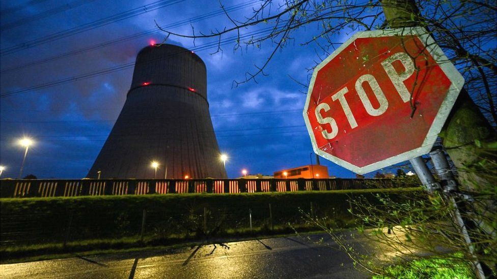 A stop sign outside a nuclear power plat in Germany