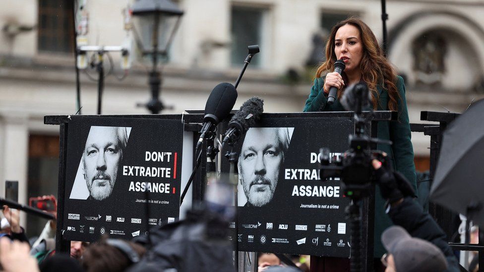 Stella Assange, the wife of WikiLeaks founder Julian Assange, speaks to supporters outside the high court