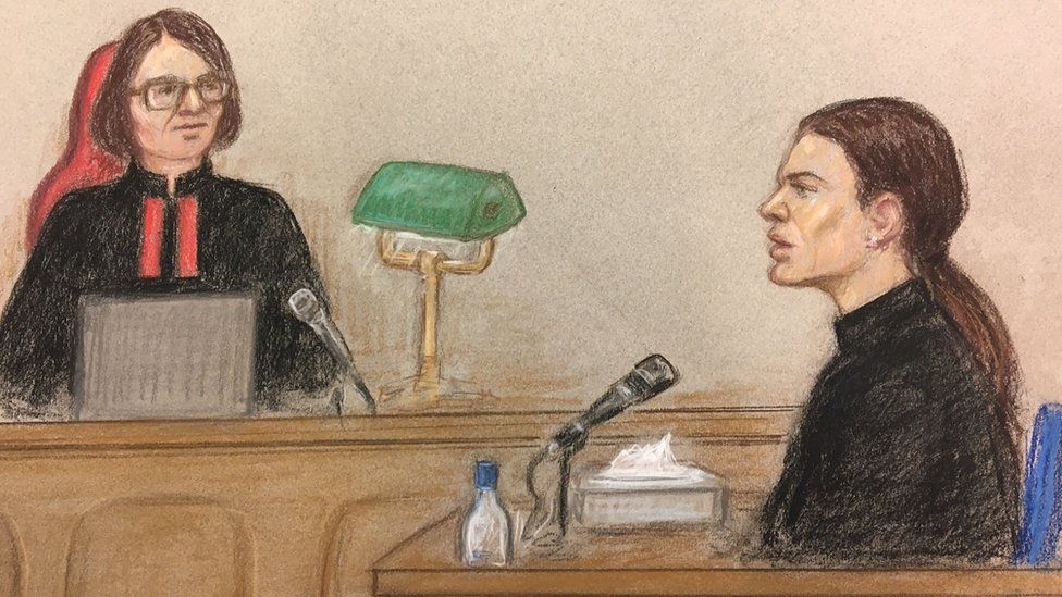 Court drawing shows Mrs Justice Steyn listening to Rebekah Vardy in witness dock (stand)