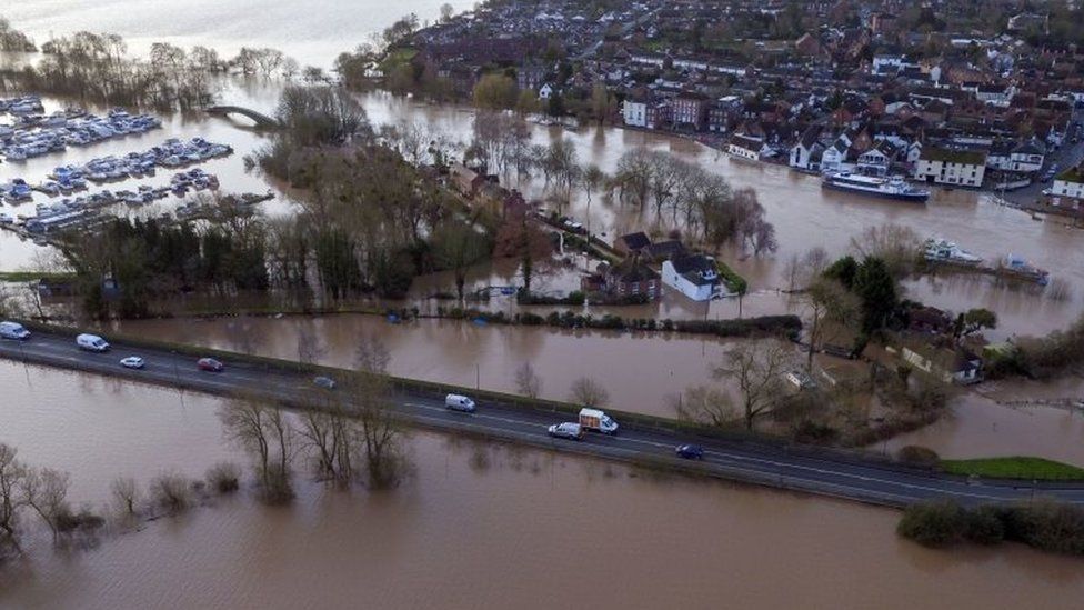 Flood water surrounds Upton upon Severn in Worcestershire