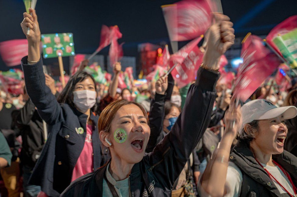Followers of Democratic Progressive Party (DPP) presidential candidate, Lai Ching-te, support the candidate during a campaign rally ahead of the presidential election in Kaohsiung, Taiwan on January 7, 2024.