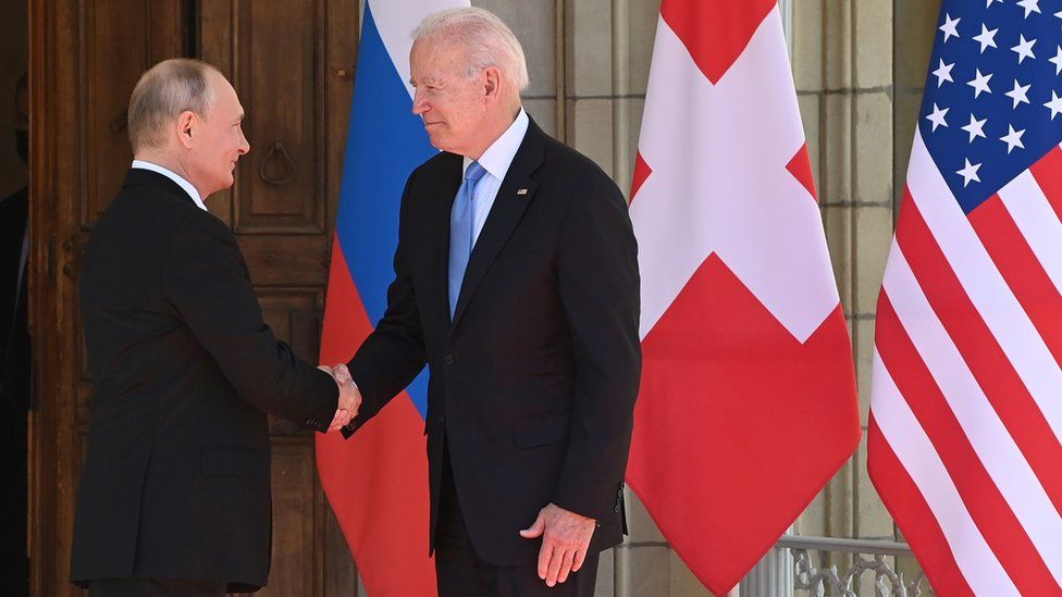 Vladimir Putin and Joe Biden shake hands at the Geneva summit (16 June)