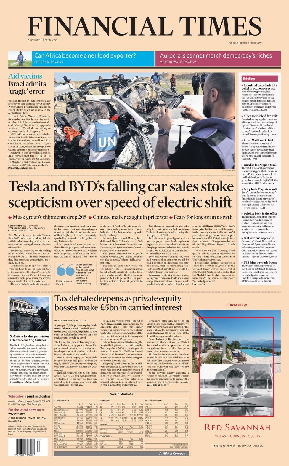 The Financial Times front page. The headline reads: Tesla and BYD's falling car sales stoke scepticism over speed of electric shift