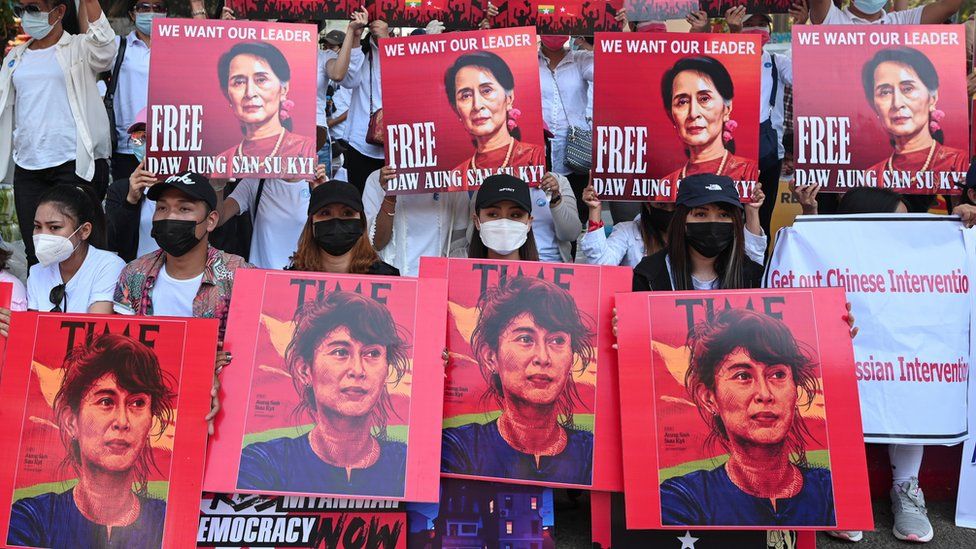 Protesters are demanding the release of Aung San Suu Kyi after the elected leader was detained in a coup