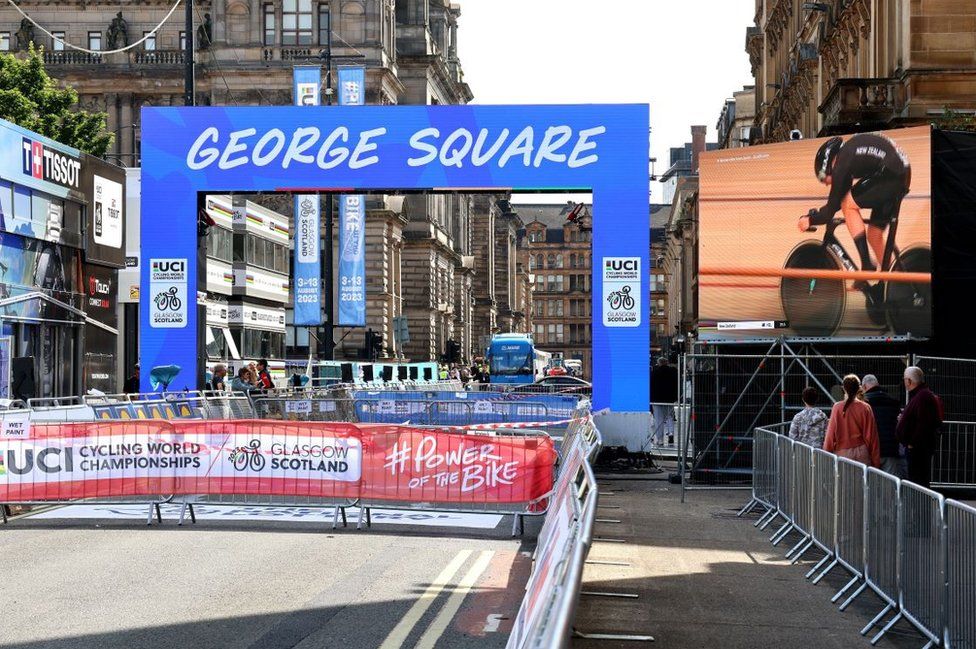 finish line for the road race in George Square