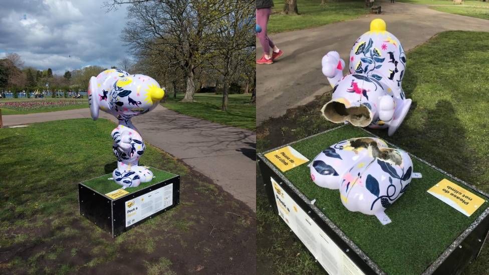 Snoopy sculpture before it was destroyed and after being snapped off