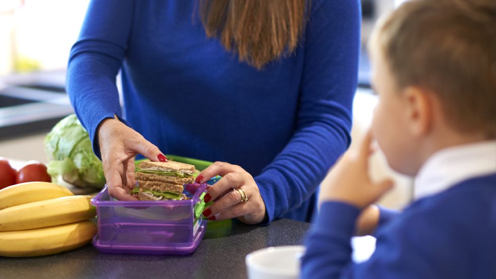 A mother prepares a packed lunch for a child