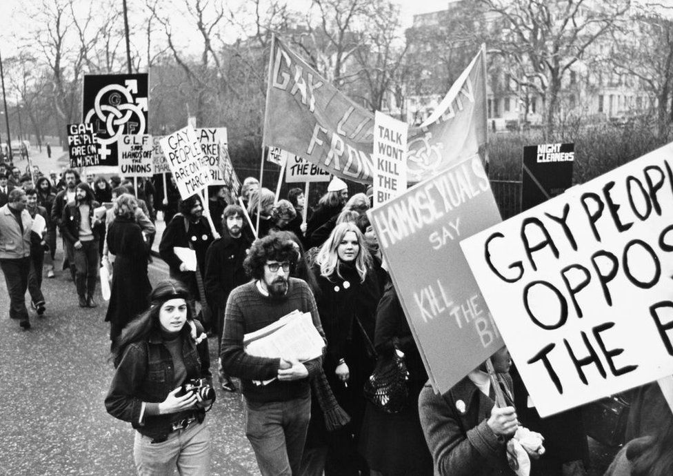 Gay Liberation Front members protesting against the Industrial Relations Bill to call for an end to society's oppression of homosexuals, London, 13 January 1971