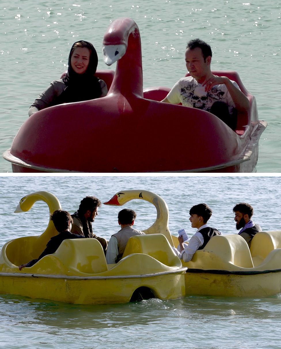 Lake Qargha in September 2020 with women in boats (top) and August 2023 with no men in sight (bottom)