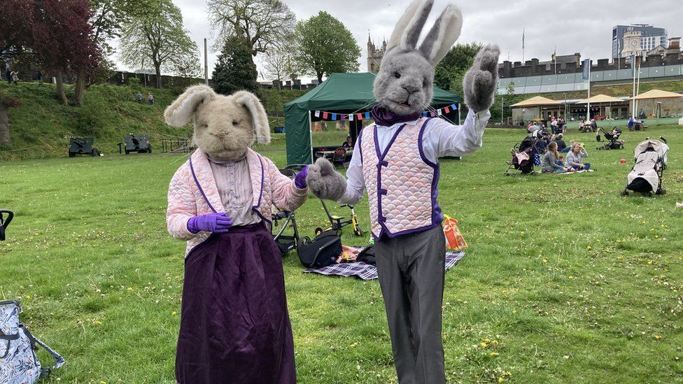 man and woman dressed up like rabbits