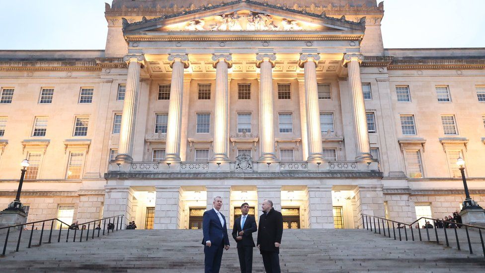 (left to right) Speaker of the Northern Ireland Assembly DUP MLA Edwin Poots, Prime Minister Rishi Sunak and Northern Ireland Secretary Chris Heaton-Harris at Parliament Buildings at Stormont, Belfast, following the restoration of the powersharing executive