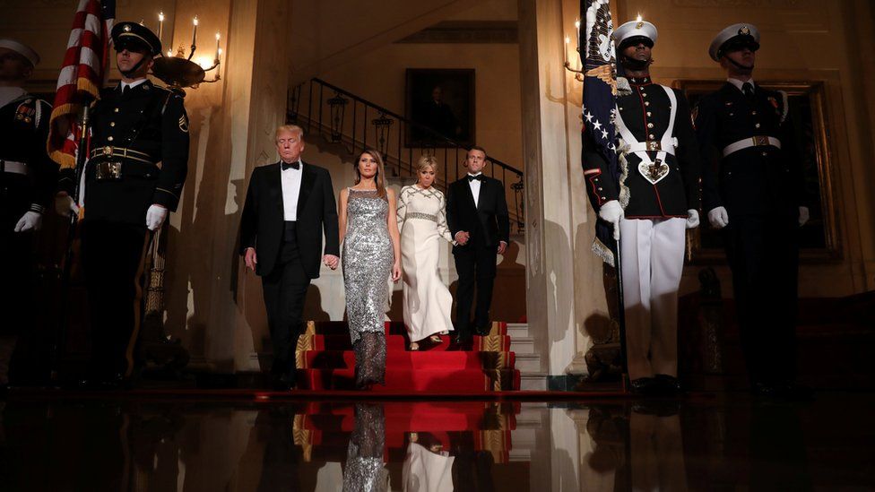 President Donald Trump, First Lady Melania Trump, French President Emmanuel Macron and his wife Brigitte attend a State Dinner at the White House in Washington, April 24, 2018