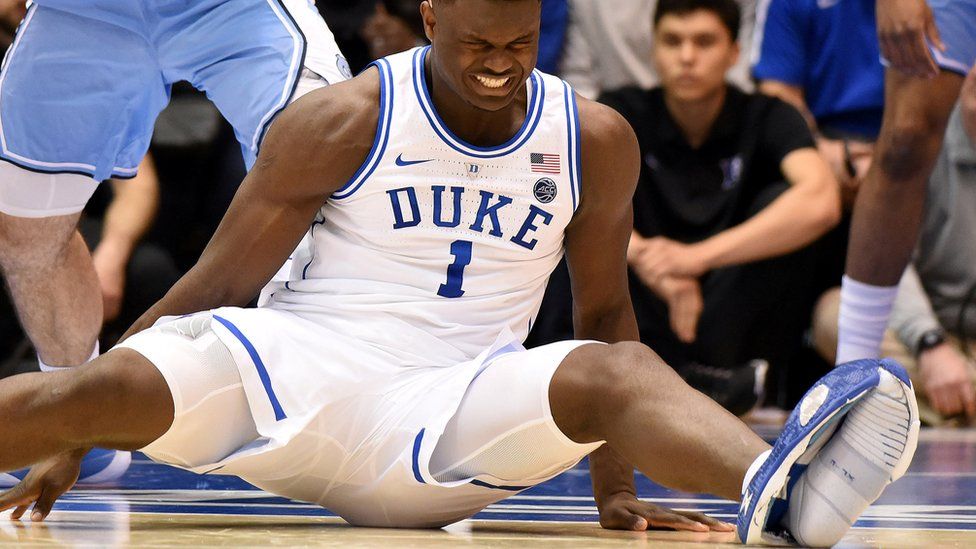 College basketball star Zion Williamson fell when his Nike trainer split during a game