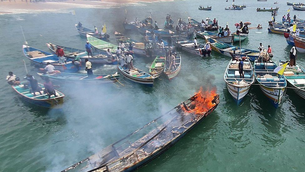 A boat seen on fire in Vizhinjam