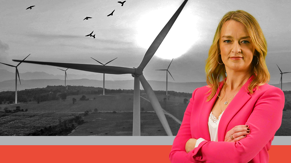Composite image of Laura Kuenssberg and a wind turbine