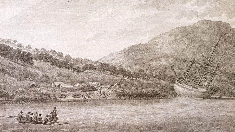 An illustration of the HMS Endeavour laid on shore
