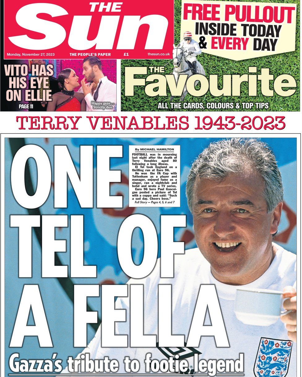 The main headline on the Sun reads "One Tel of a fella"