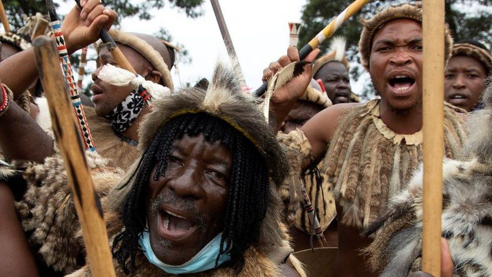 Zulu Warriors at the funeral service of King Goodwill Zwelithini KaBhekuzulu on March 18, 2021 in Nongoma, South Africa.
