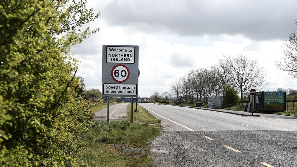 Road sign marking border between Northern Ireland and the Republic of Ireland