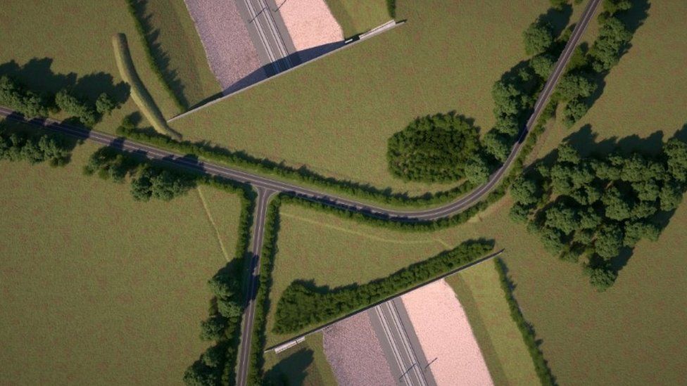 CGI showing bird's eye view of the road layout on top of the Turweston green bridge