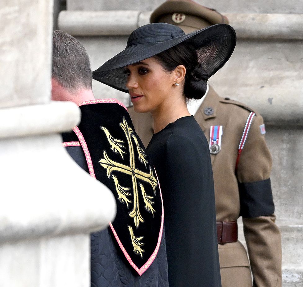 Meghan, Duchess of Sussex arrives for the State Funeral of Queen Elizabeth II at Westminster Abbey on September 19, 2022 in London, England