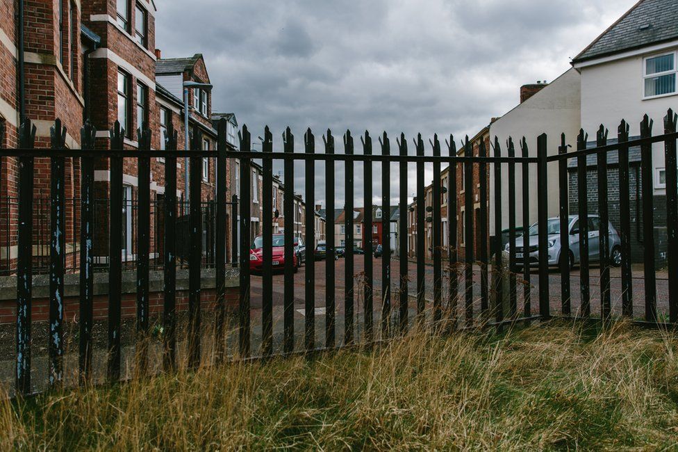 The corner of the allotment showing a metal fence on to a residential area