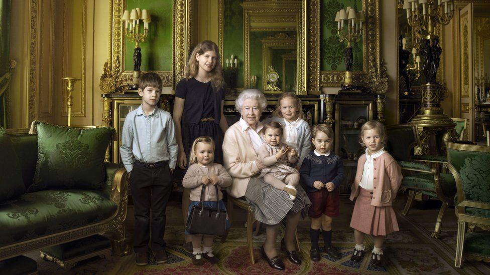 The Queen with her great-grandchildren and youngest grandchildren (From left: James, Viscount Severn, Lady Louise Windsor, Mia Tindall, Princess Charlotte, Isla Phillips, Prince George and Savannah Phillips