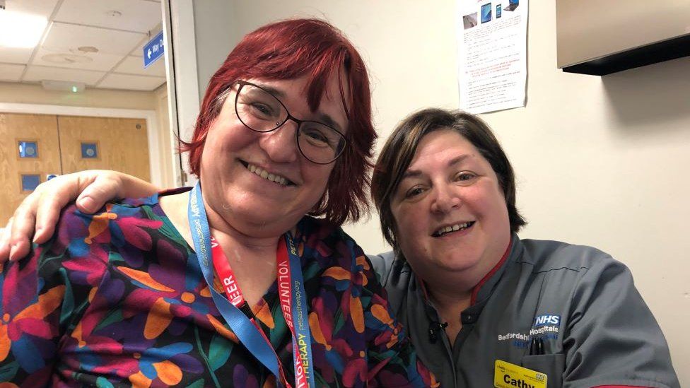 Caroline Coster with nurse Cathy O'Brien inside Bedford Hospital