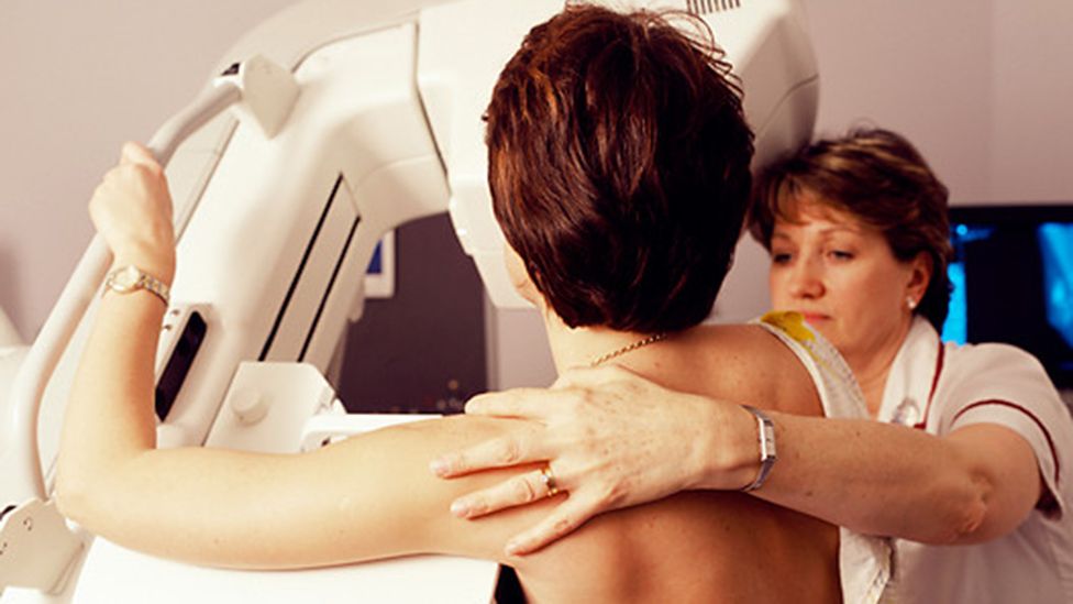 Woman having mammogram