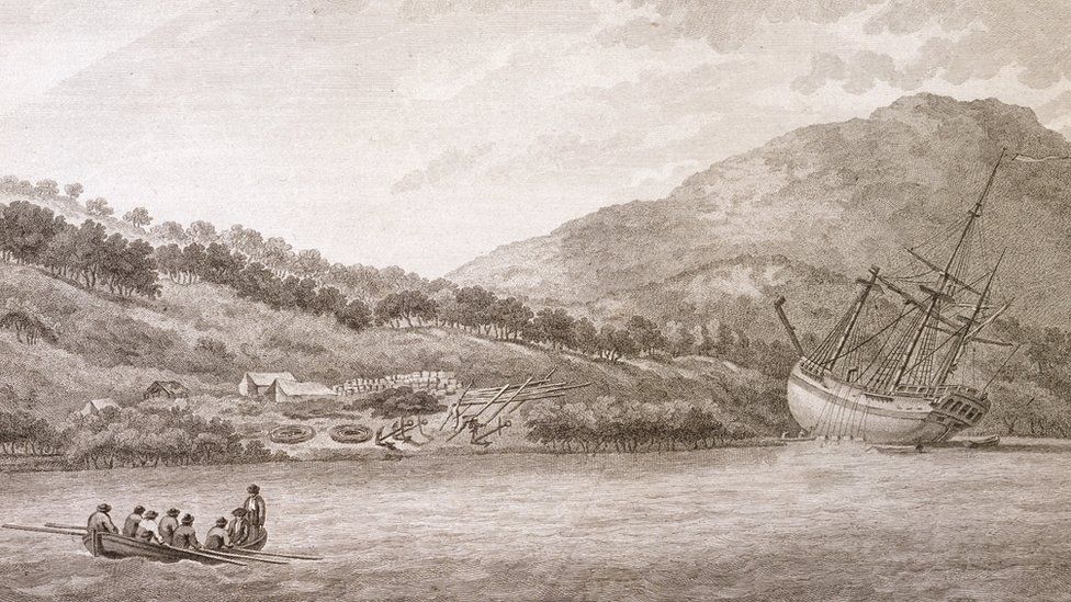 Иллюстрация HMS Endeavour, лежащего на берегу