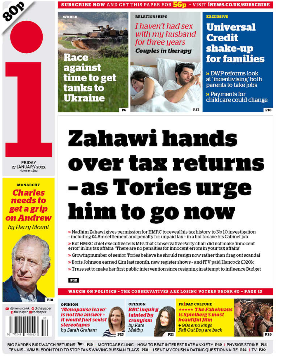 The i front page 27 January 2023