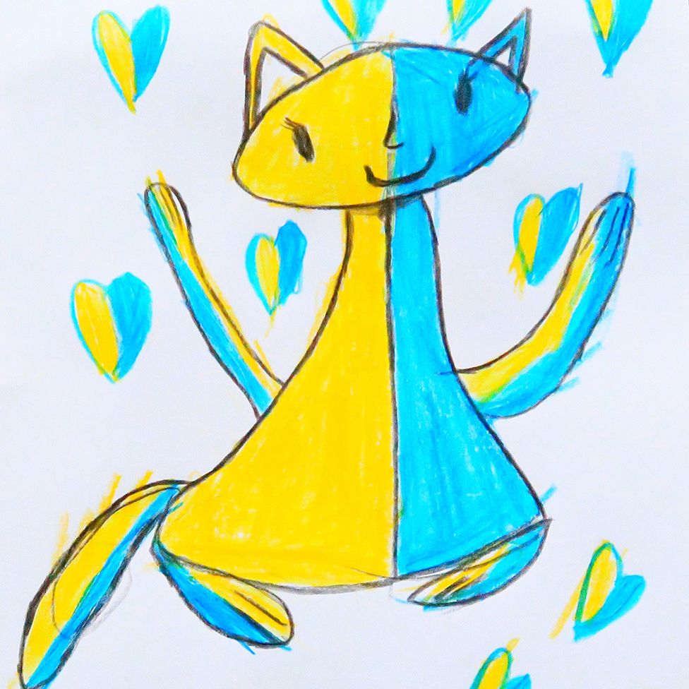A drawing of a cat in the colours of the Ukrainian