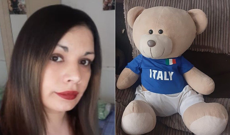 Lori Azzaretto (left) and her Italian mascot teddy bear (right)