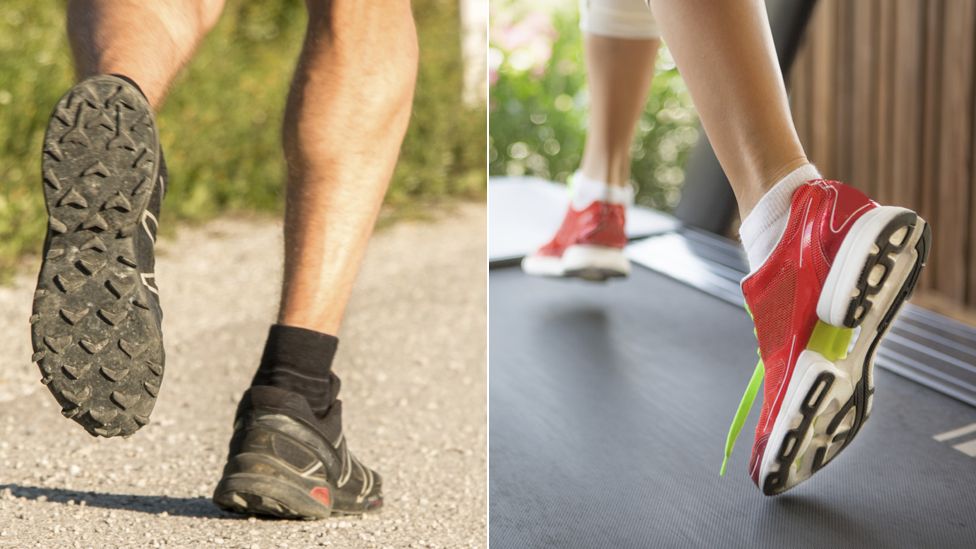 Composite photo: close-up of legs running on a road, and close-up of legs running on a treadmill