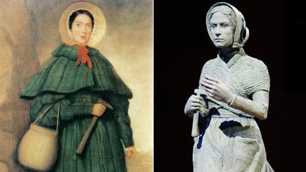 Mary Anning and a model of her statue
