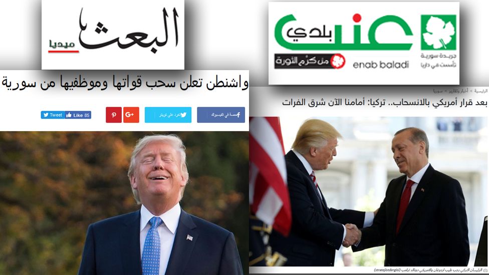 Story pages from Syrian government news site Baath and and the opposition news site Enab Baladi