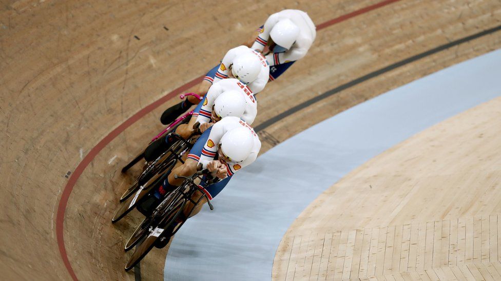 Team Great Britain in action in the Men's Elite Team Pursuit Qualification during day one of the 2023 UCI Cycling World Championships