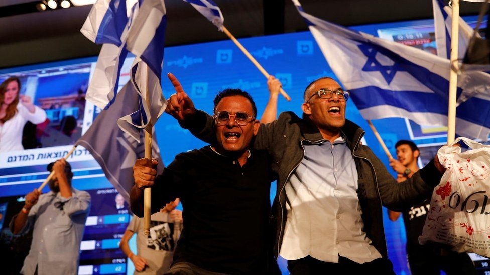 Supporters of Jewish Power party leader Itamar Ben-Gvir react following the release of exit polls in Israel's general election (1 November 2022)