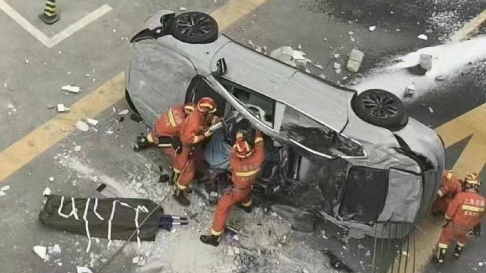 Two killed as Nio electric vehicle tumbles from third floor office in Shanghai