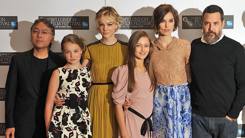 Kazuo Ishiguro, Isobel Meikle Small, Carey Mulligan Ella Purnell, Mark Romanek at a photo call for Never Let Me Go as part of the 54th BFI London Film Festival