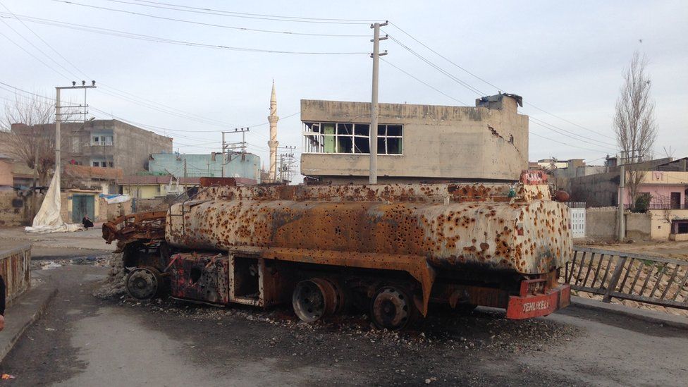 Old bullet-riddled oil tanker in Nusaybin