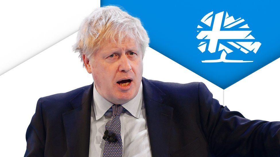 Boris Johnson in front of the Conservative Party logo
