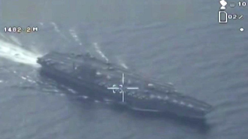 Image made from video broadcast on Iranian state TV on Friday 29 January 2016 showing what purports to be drone footage of a US aircraft carrier