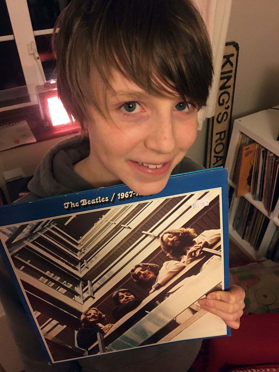 Frankie with the Beatles' Blue album