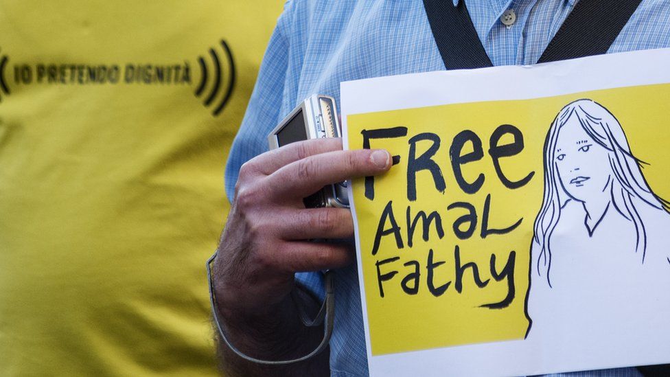 Rights activists hold a demonstration for the release of Amal Fathy. File photo