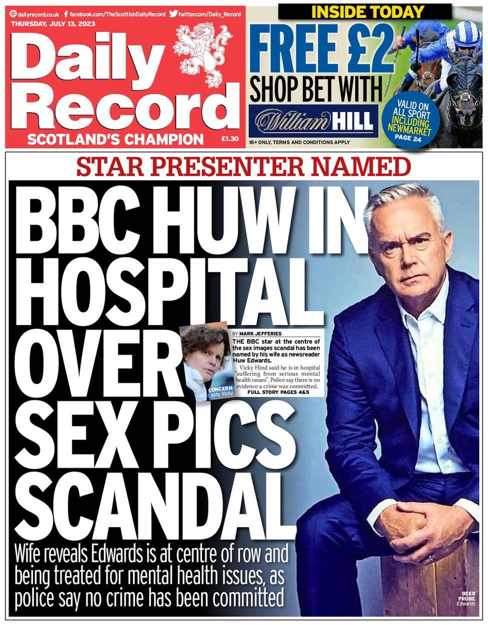 Scotlands papers BBC presenter Huw Edwards named by wife image photo